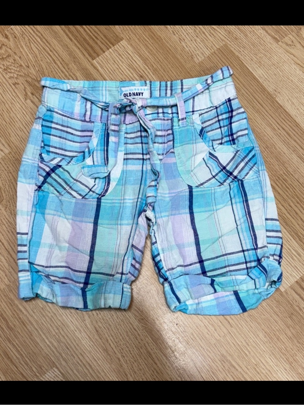 Old Navy Girls Size 10 Blue Plaid Linen Blend Shorts Summer Beach Vacation